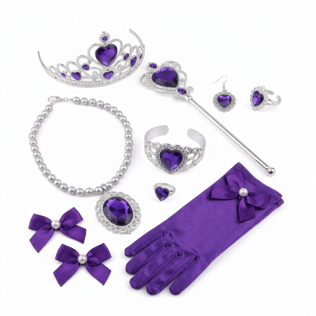 Girls' Princess Dress-Up Accessory Set – Tiara, Wand, Gloves, Necklace, Bracelet, Earrings and Ring