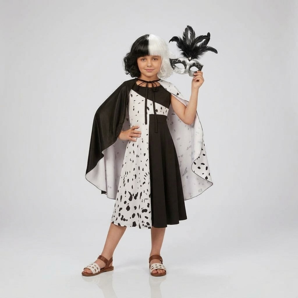Girls' Split Black and White Villain Costume Set with Cape, Wig and Masquerade Mask