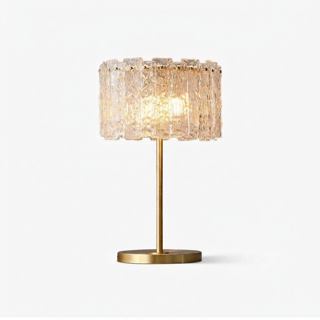 Glass & Brass Table Lamp with Textured Ice-Glass Shade