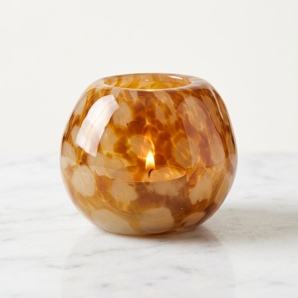 Glass Tealight Holder, Honey Amber Spotted Globe