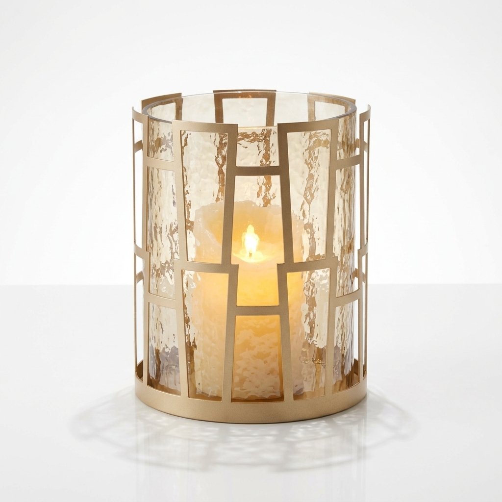 Gold Hurricane Candle Holder with Geometric Metal Frame