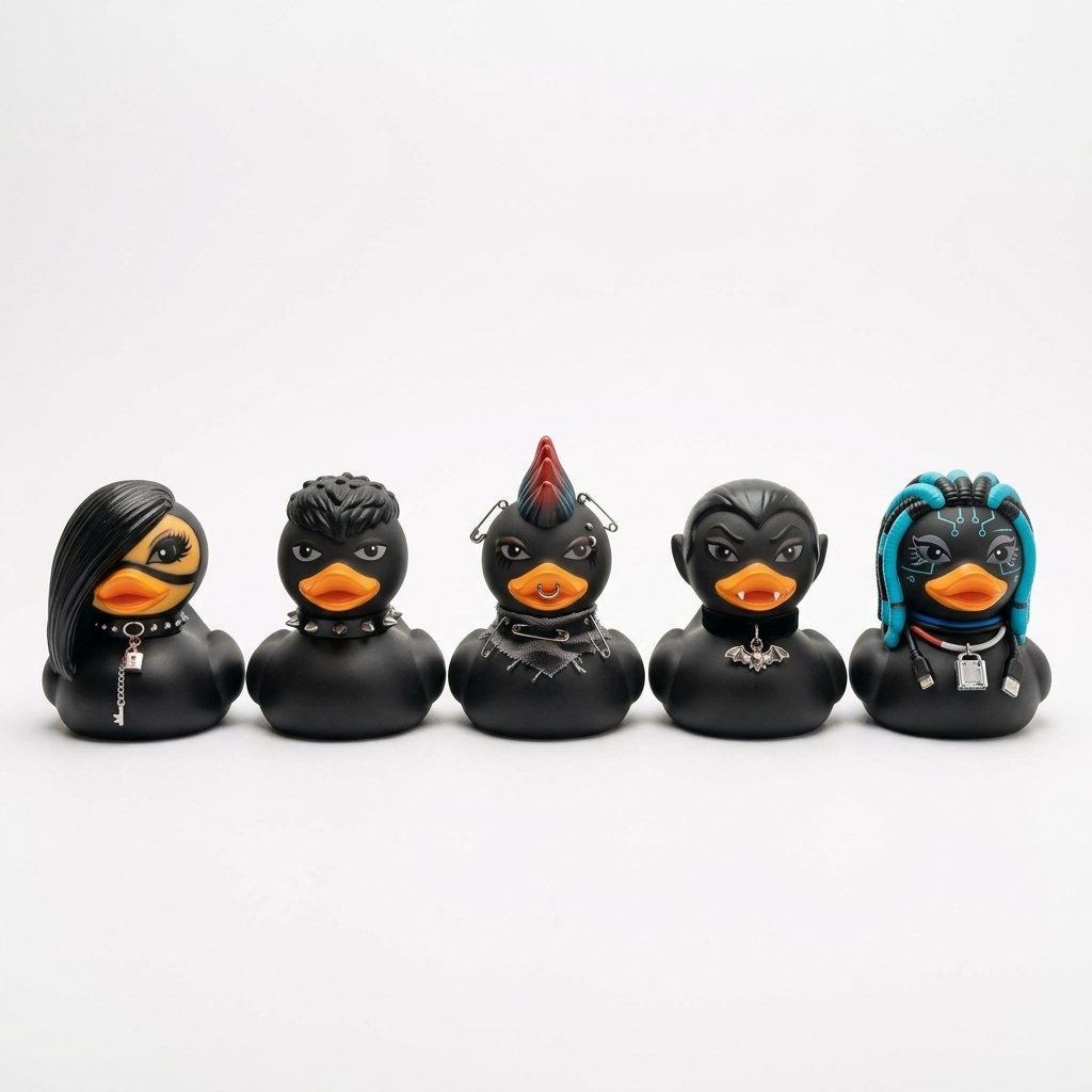 Goth Rubber Duck Decoration with Studded Collar, Chains and Moulded Details – Gothic and Punk Character Variants