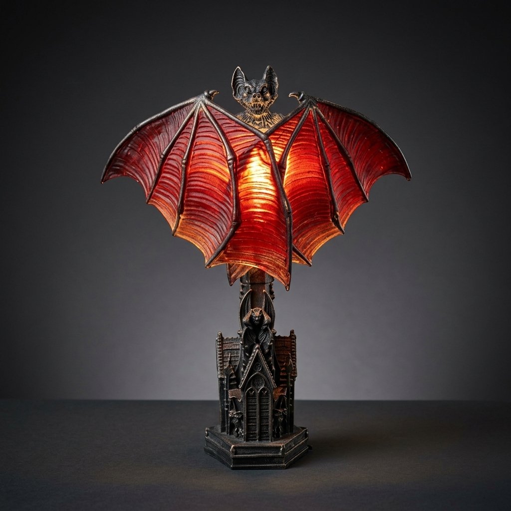 Gothic Bat Table Lamp with Translucent Red Wings and Cathedral Base