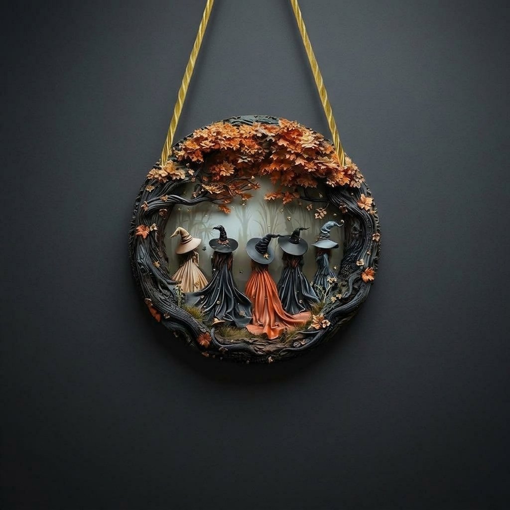 Halloween 3D Relief Witch Wall Plaque with Gnarled Branch Border and Rope Hanger