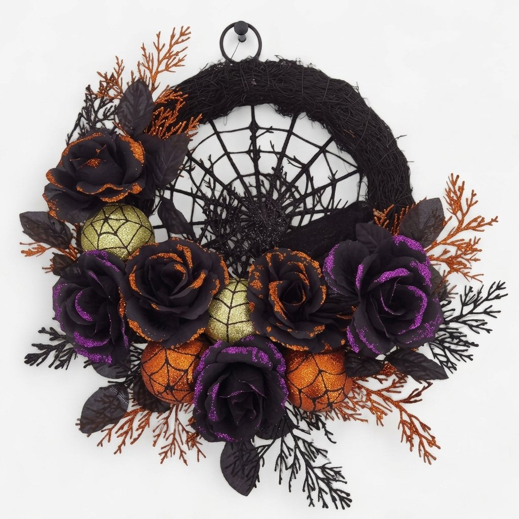 Halloween Door Wreath with Black Roses, Spiderweb Centre and Glitter Ornaments