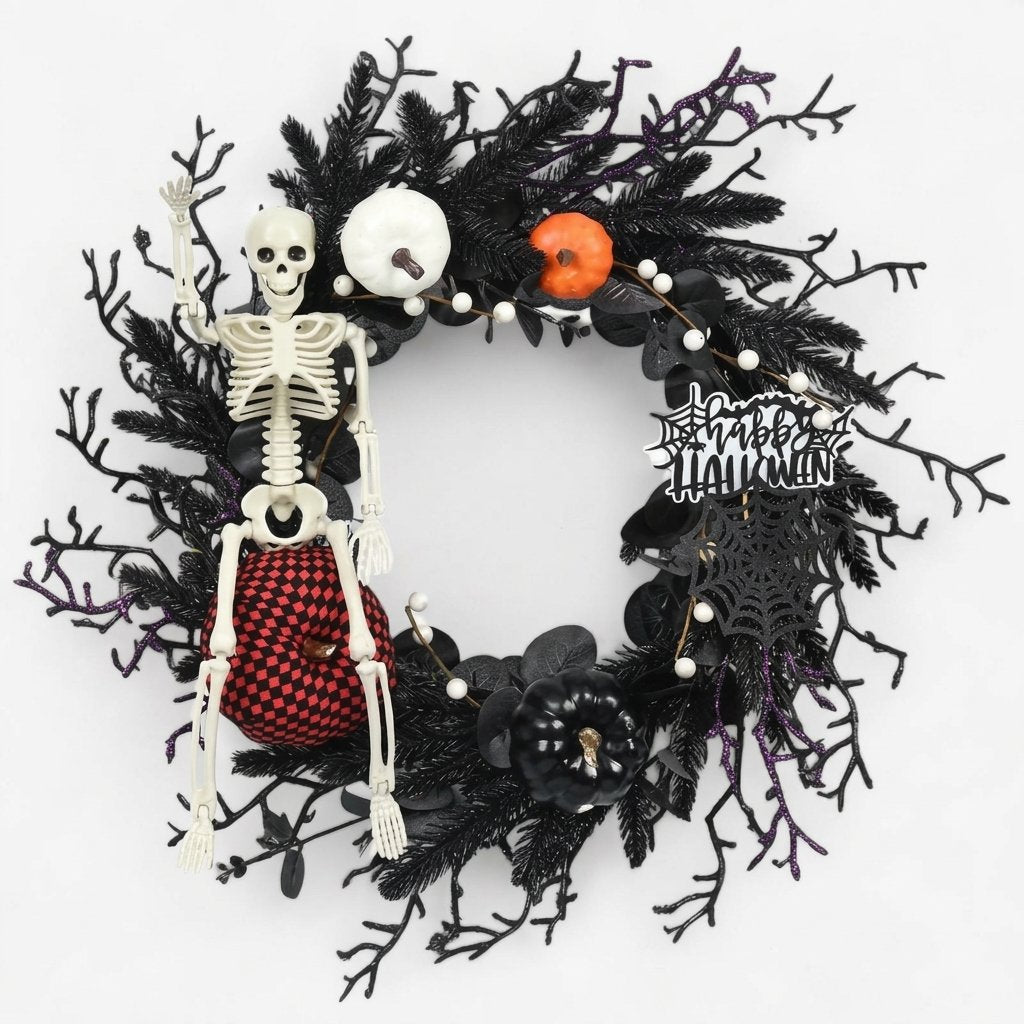 Halloween Door Wreath with Skeleton, Pumpkins and Spiderweb Details