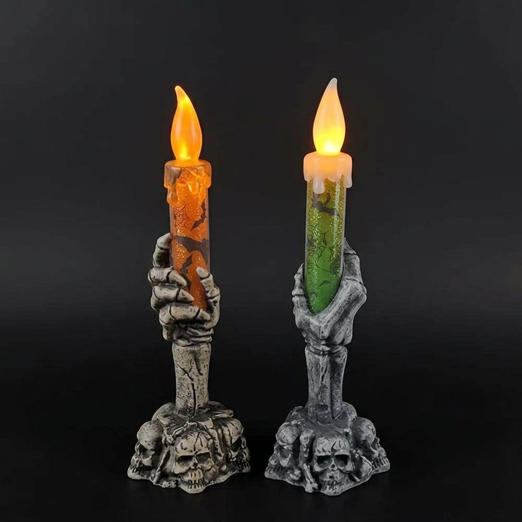 Halloween Flameless LED Taper Candle with Skeleton Hand Holder – Battery Operated, Orange or Green