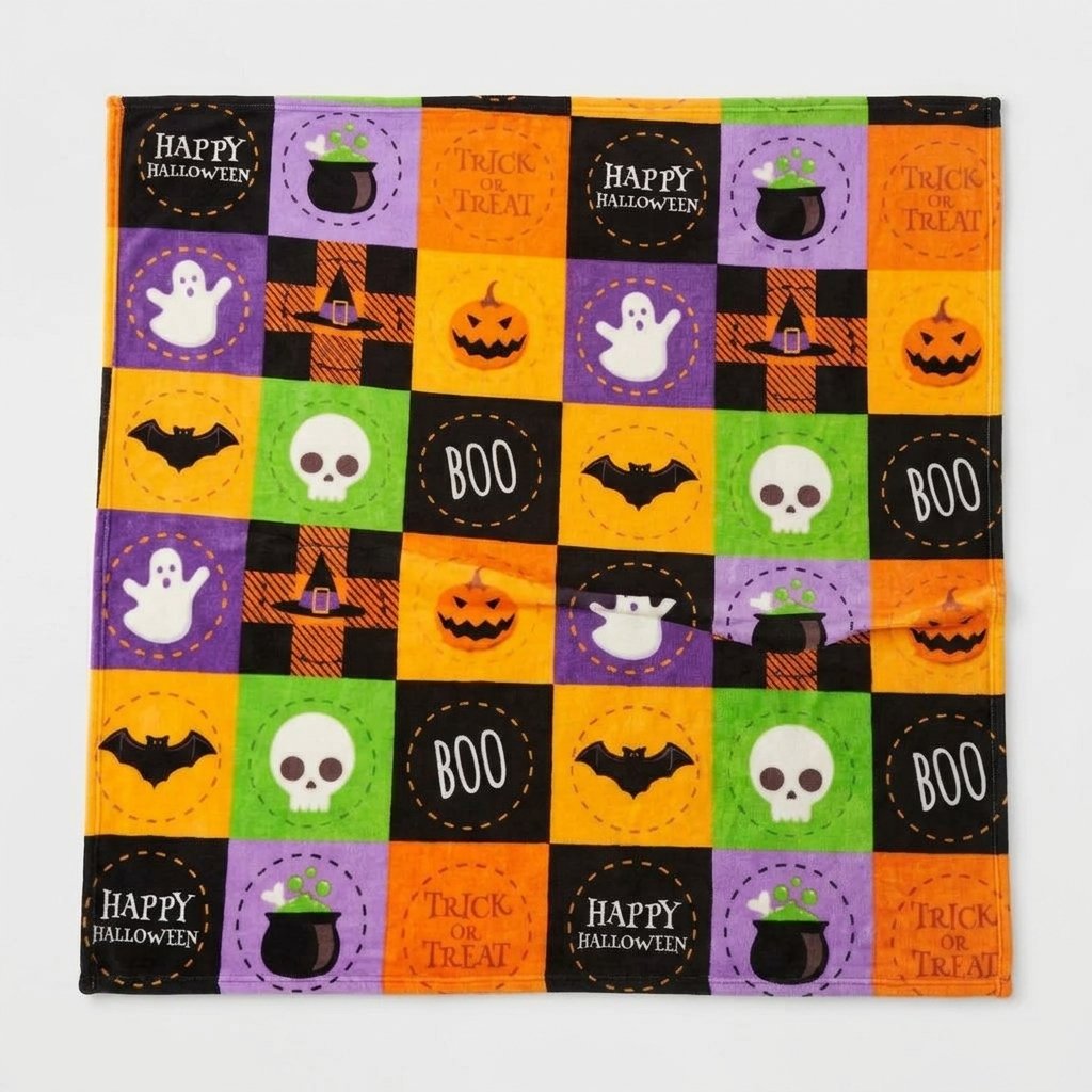 Halloween Fleece Throw Blanket with Bat, Ghost and Pumpkin Pattern