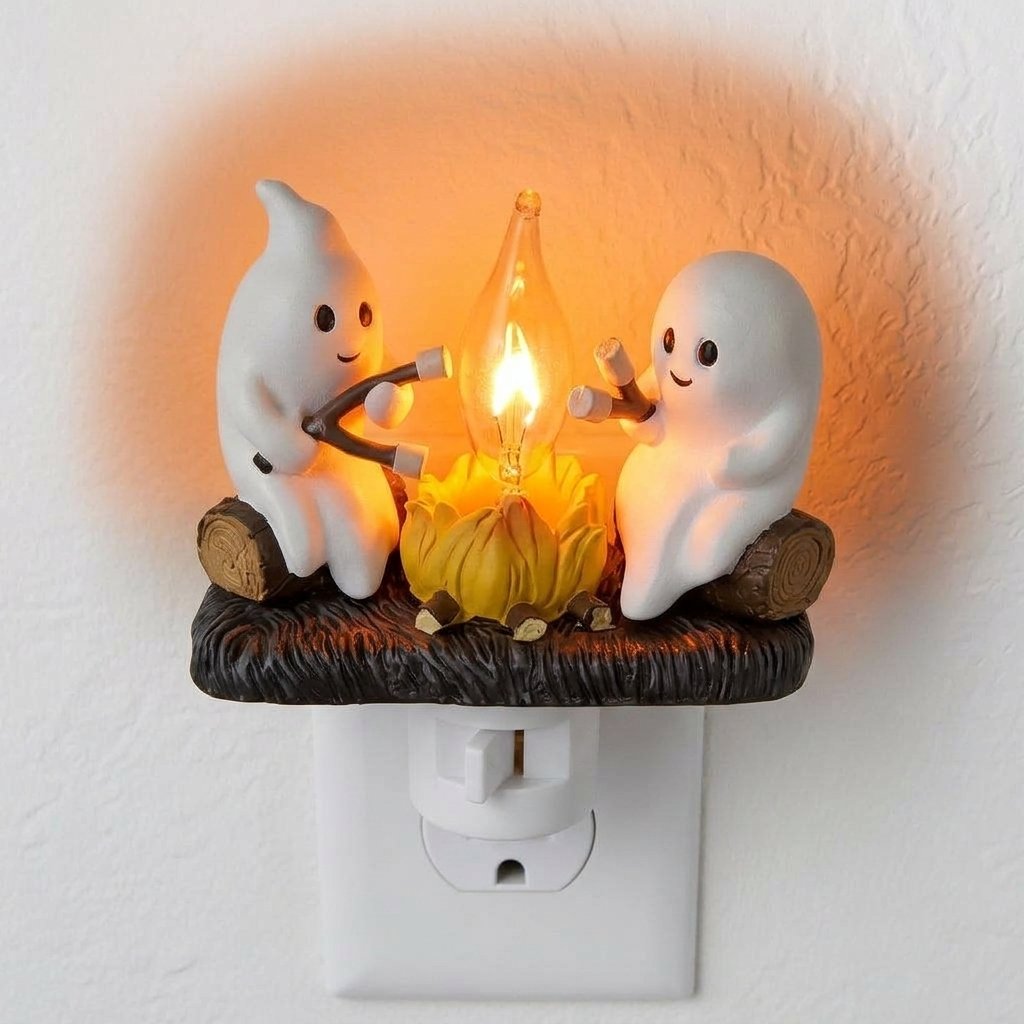 Halloween Ghost Campfire Plug-In LED Night Light with Two Ghost Figures Roasting Marshmallows