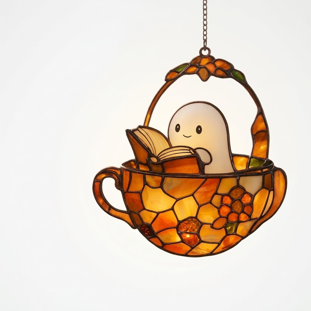 Halloween Ghost Suncatcher – Stained-Glass Style Teacup Window Hanging with Book Design
