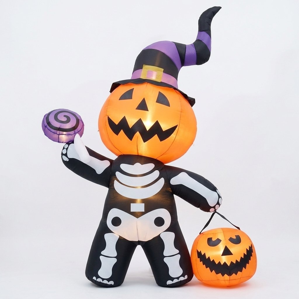 Halloween Inflatable Pumpkin Skeleton with LED Lights – 6 ft Outdoor Decoration