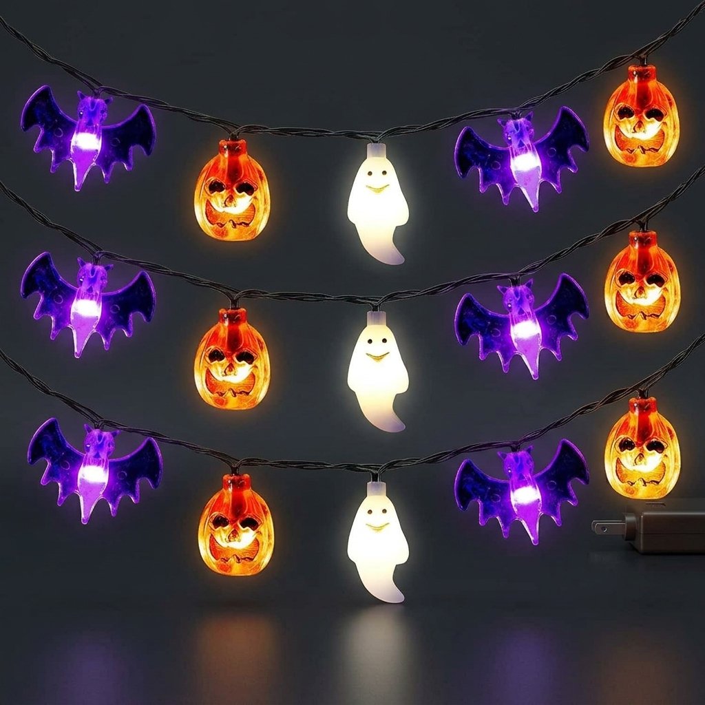 Halloween LED string lights with pumpkin, ghost and bat figures – battery or USB powered, indoor and outdoor use