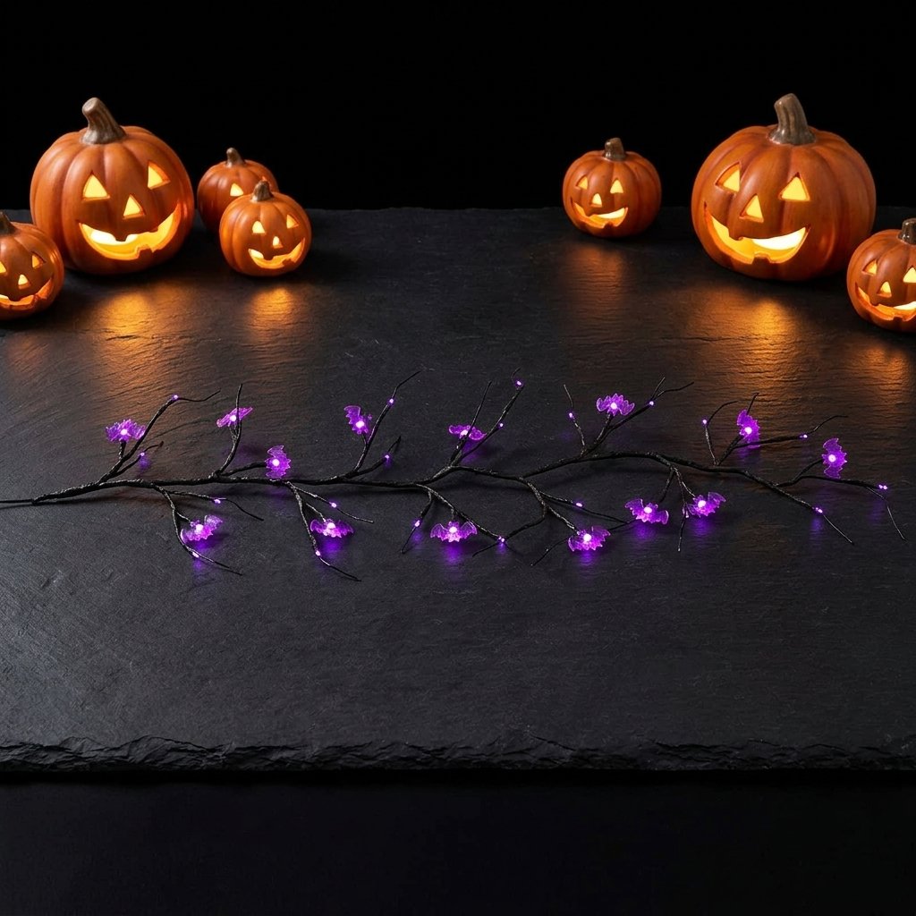 Halloween LED Twig Garland with Pumpkin or Bat Lanterns, Battery Operated, 6 ft