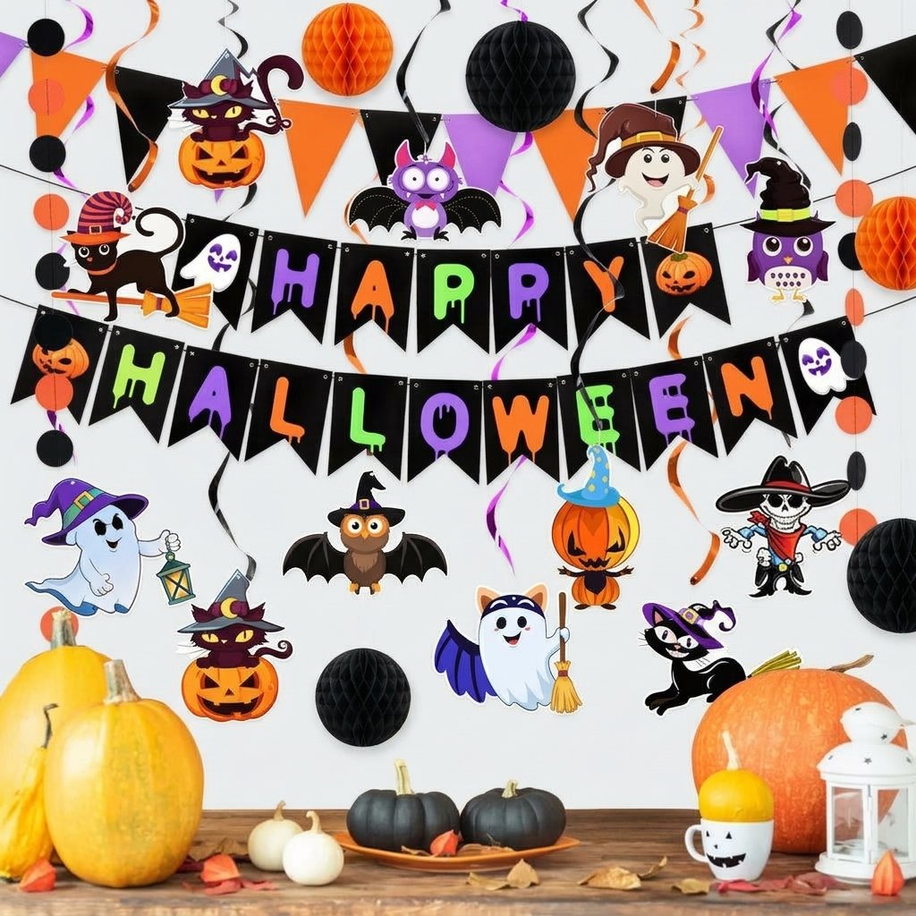 Halloween Party Decoration Kit with Banner, Hanging Swirls, Pennant Flags and Cartoon Cutouts