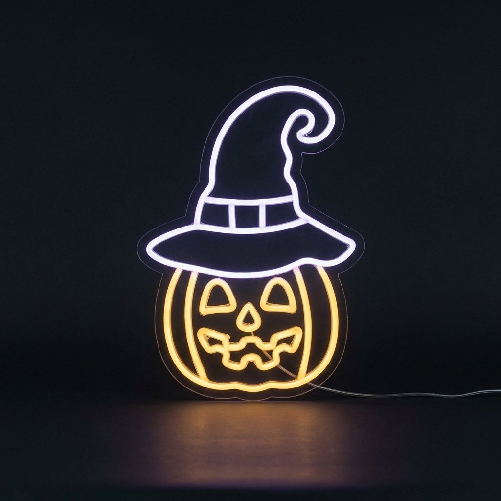 Halloween Pumpkin with Witch Hat LED Neon Wall Light – Indoor Decoration, 26 x 38 cm