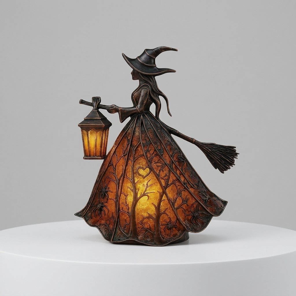 Halloween Witch Figurine Lantern with Warm LED Glow, Battery Operated