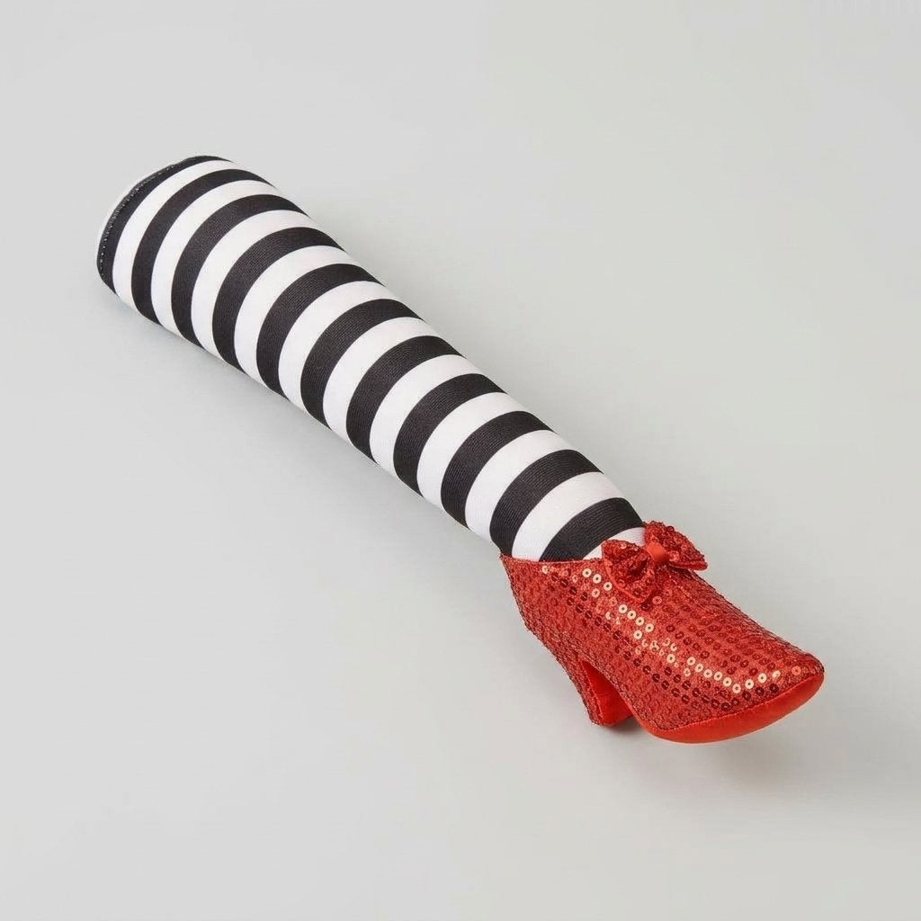 Halloween Witch Legs Door Stopper with Striped Stockings and Red Sequined Shoes