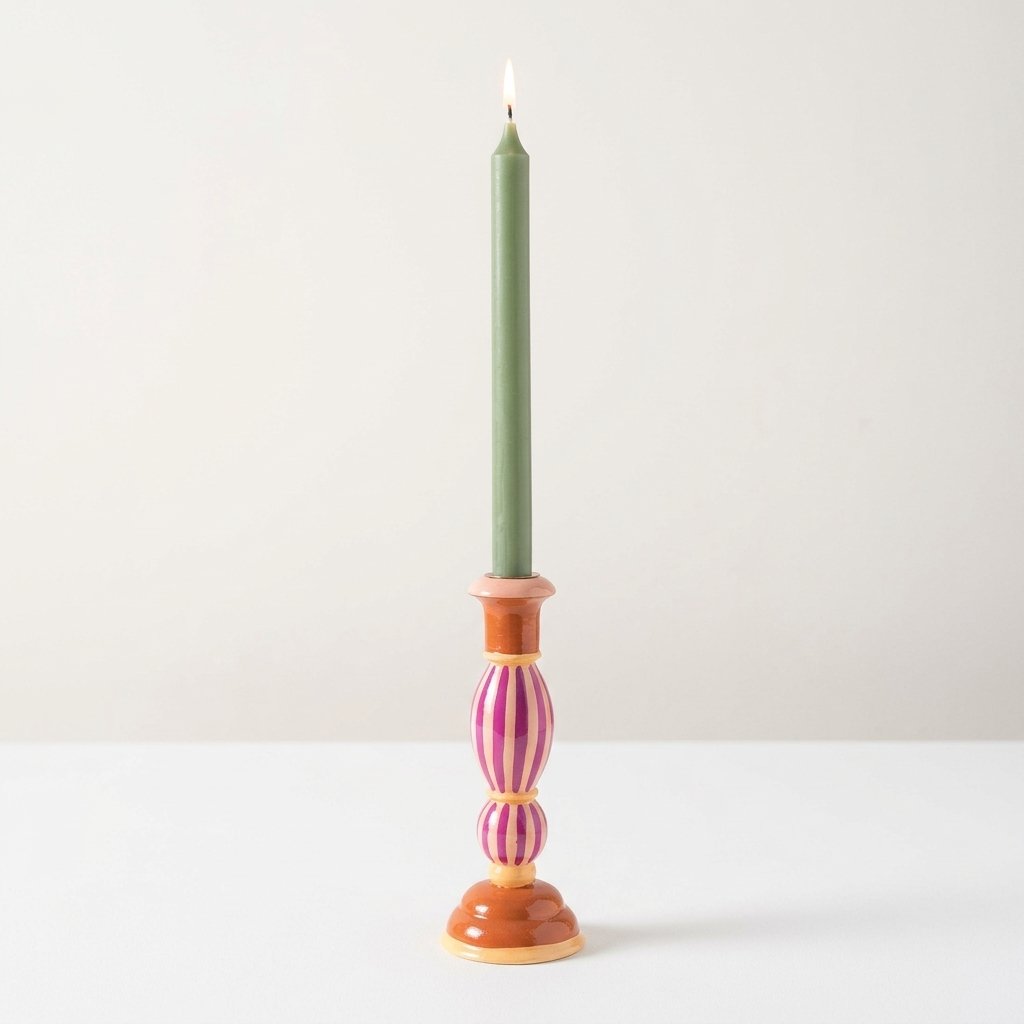 Hand-Painted Striped Wooden Candle Holder