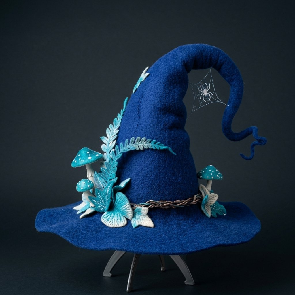 Handmade Felted Wool Witch Hat with Spiderweb Embroidery and Floral Accents