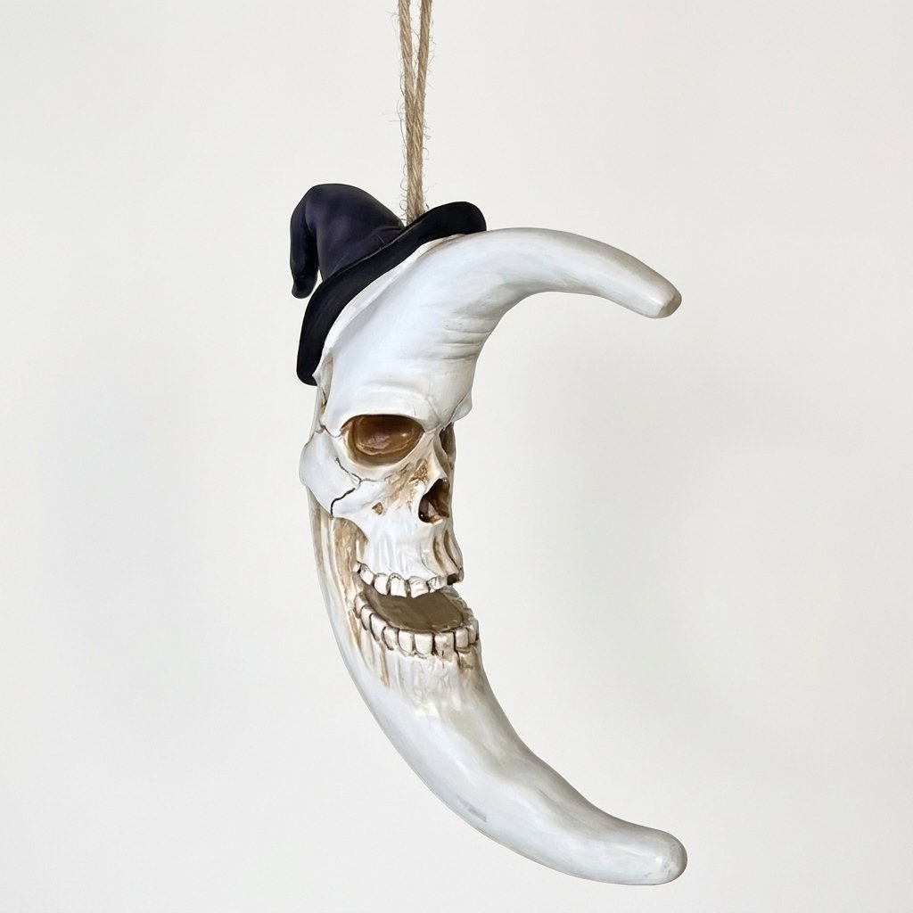 Hanging Crescent Moon Skull Decoration with Witch Hat – Halloween Horror Ornament