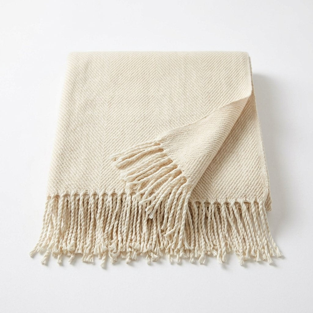Herringbone Tassel Throw in Cream & Beige