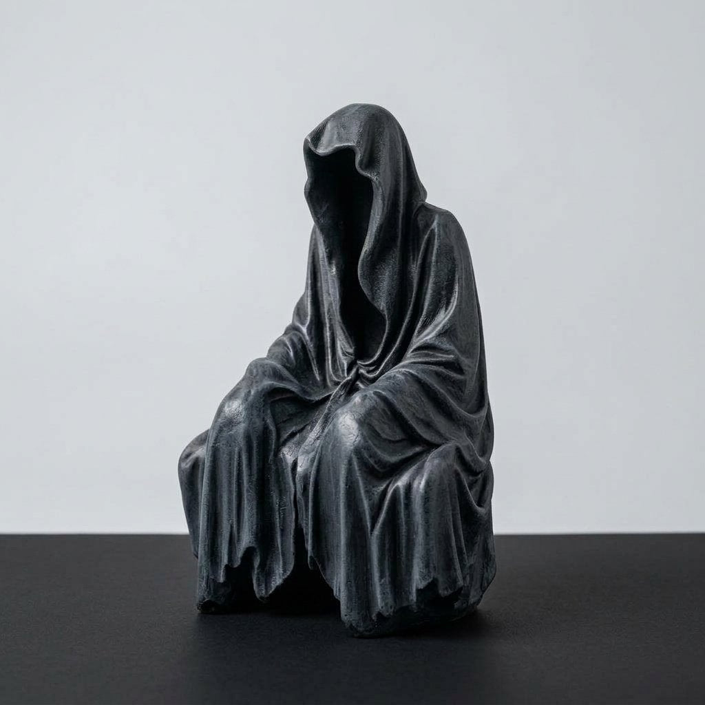 Hooded Grim Reaper Shelf Sitter Figurine – Faceless Gothic Resin Statue for Shelves and Desks