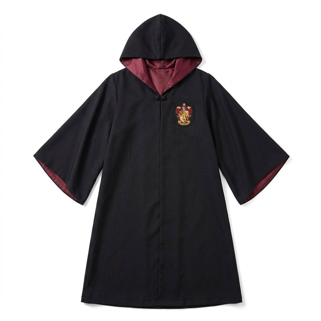 Hooded Wizard School Robe with Embroidered House Crest, Wand, Tie and Glasses