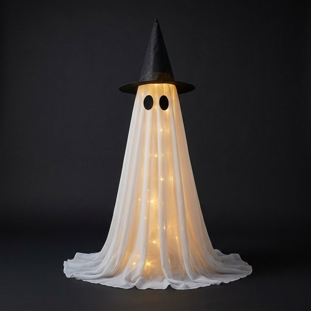 Illuminated Halloween Ghost Figure with Witch Hat and LED Fairy Lights – Outdoor and Indoor Decoration