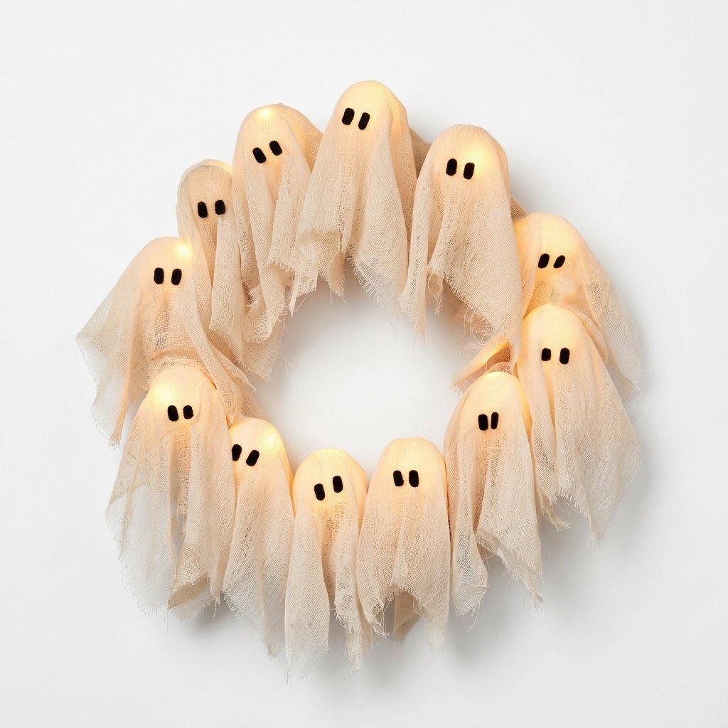 Illuminated Halloween Ghost Wreath with LED Figures for Door or Wall Display