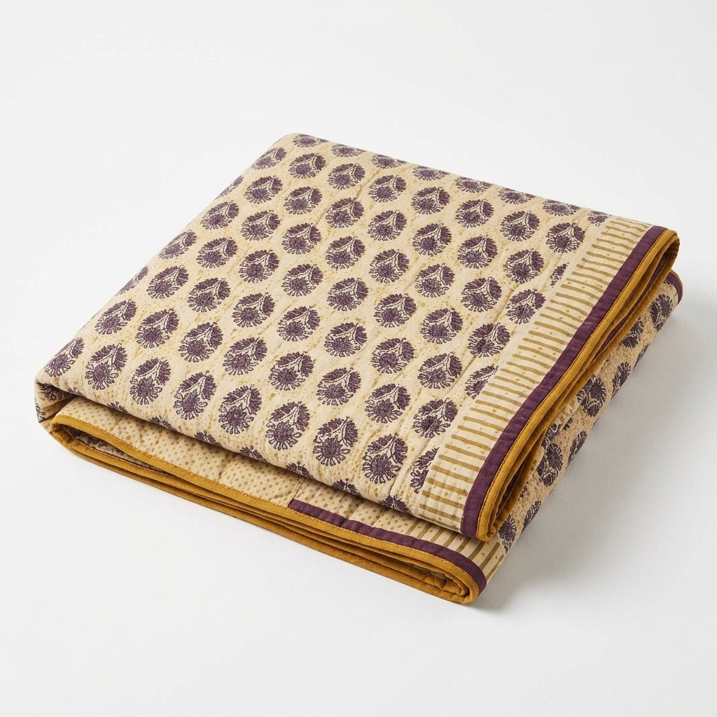 Kantha Bedspread – Block-Print Floral, Reversible Cotton
