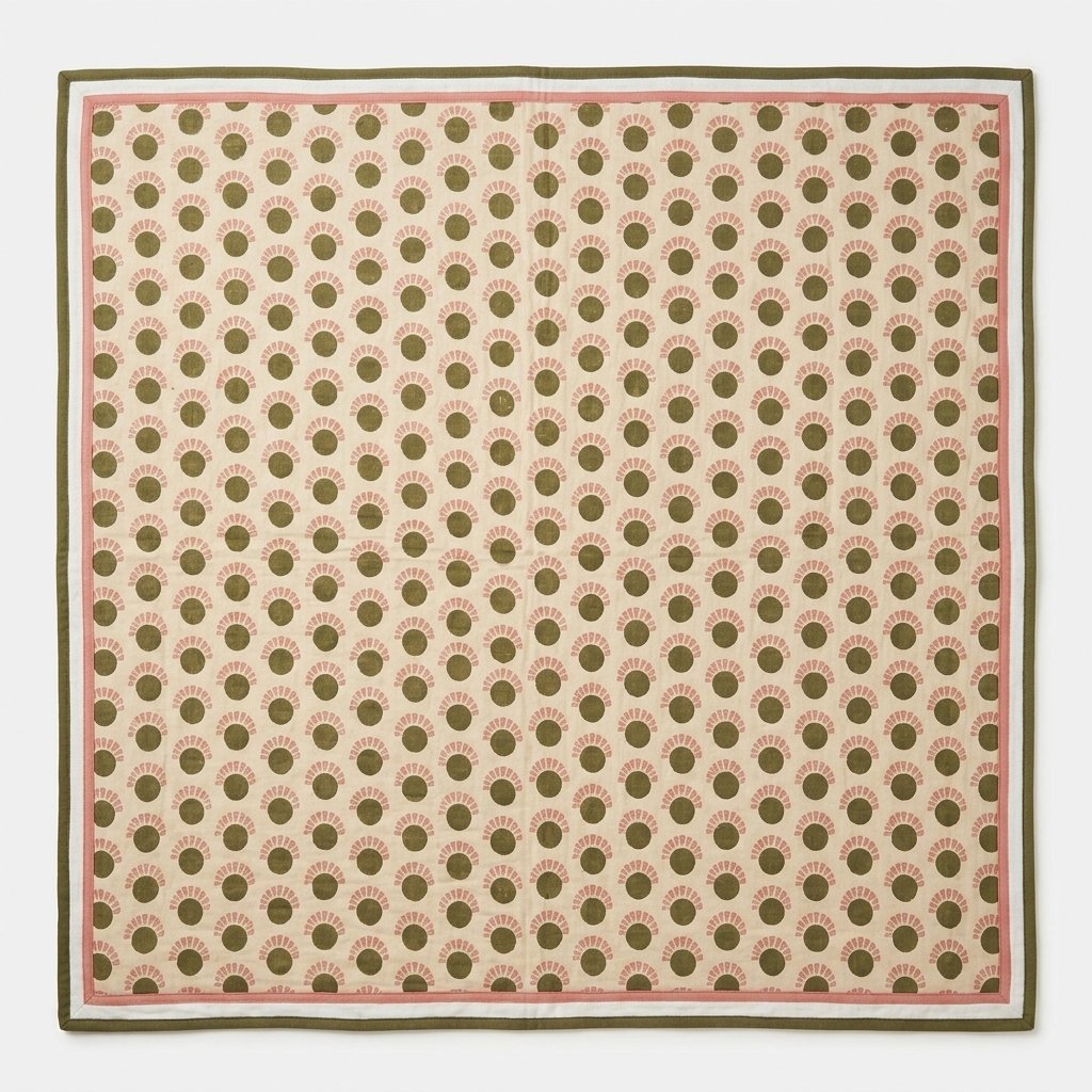 Kantha Bedspread in Olive Green and Pink, Reversible