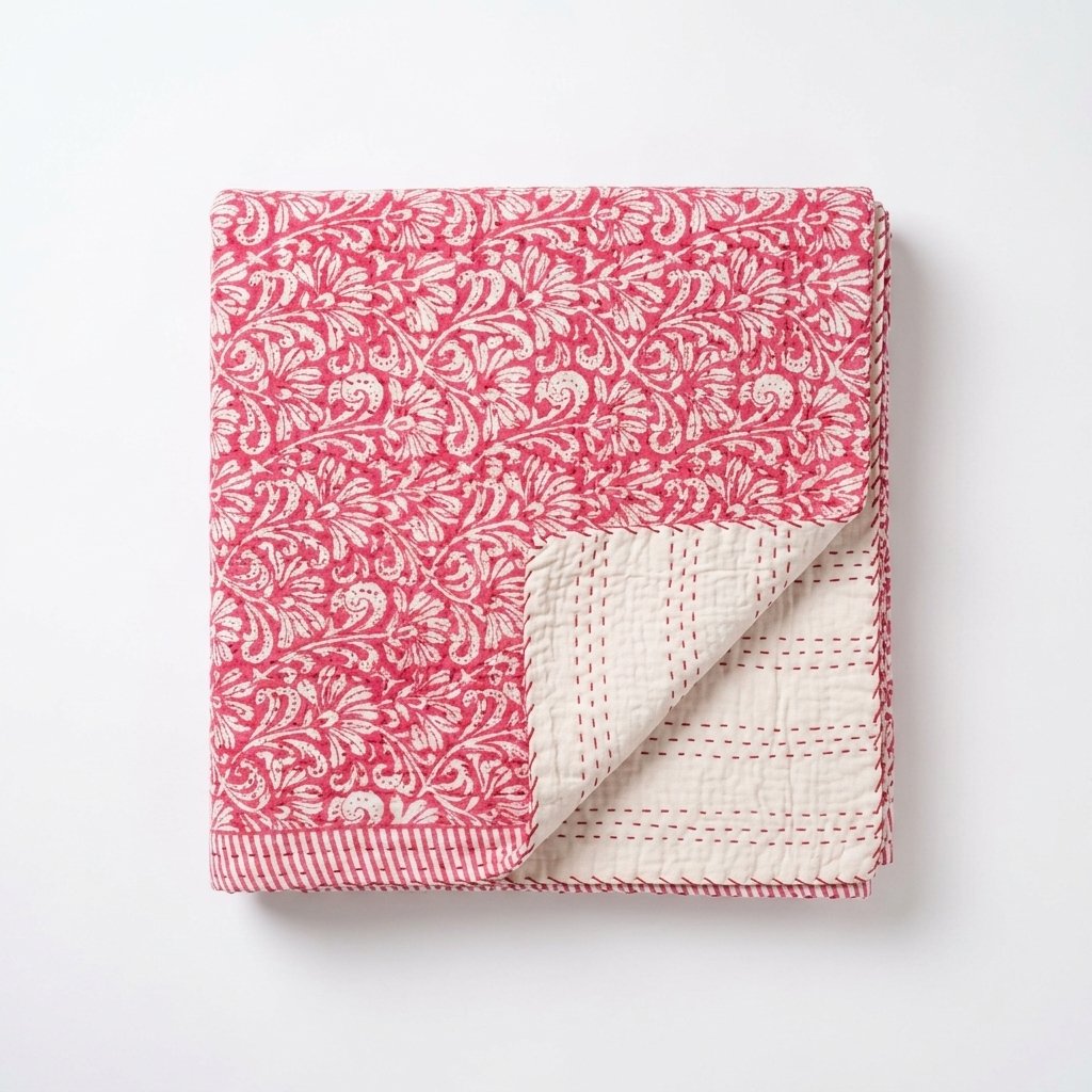 Kantha Throw in Fuchsia Pink, Hand-Stitched Cotton