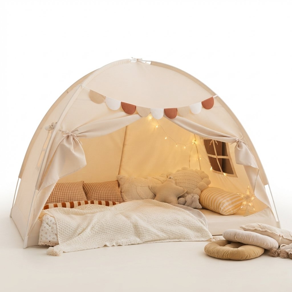 Kids Bed Play Tent with Star Lights and Flags