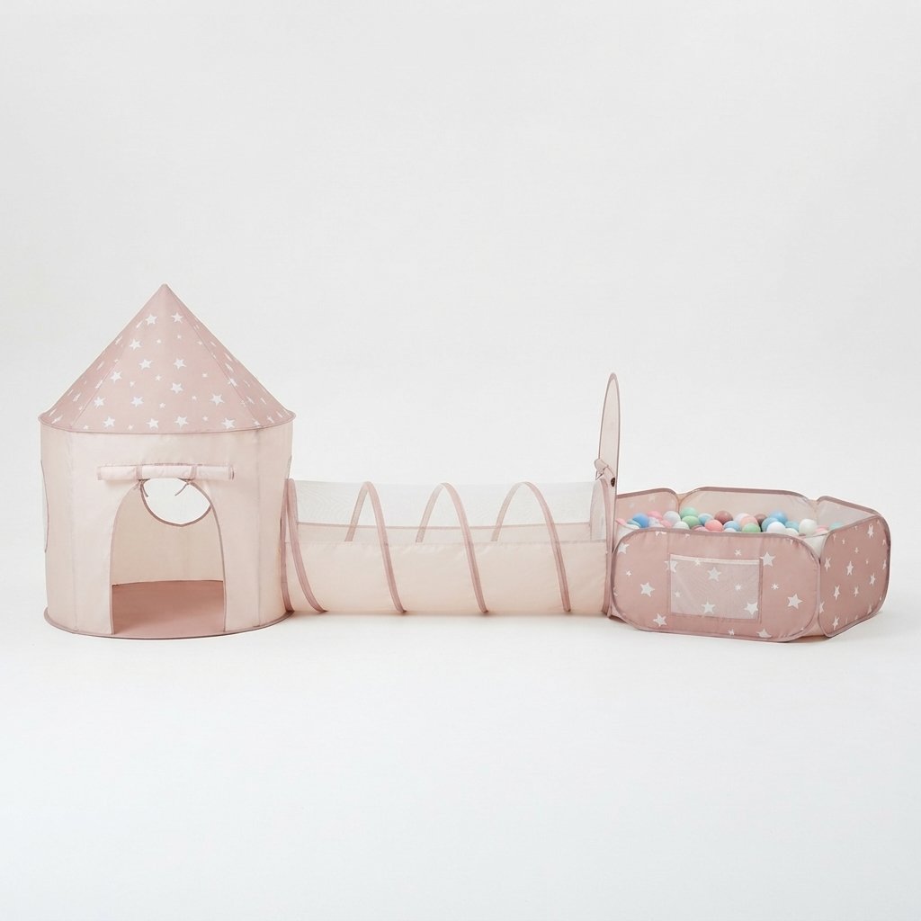 Kids Play Tent with Crawl Tunnel and Ball Pit, Pink Stars