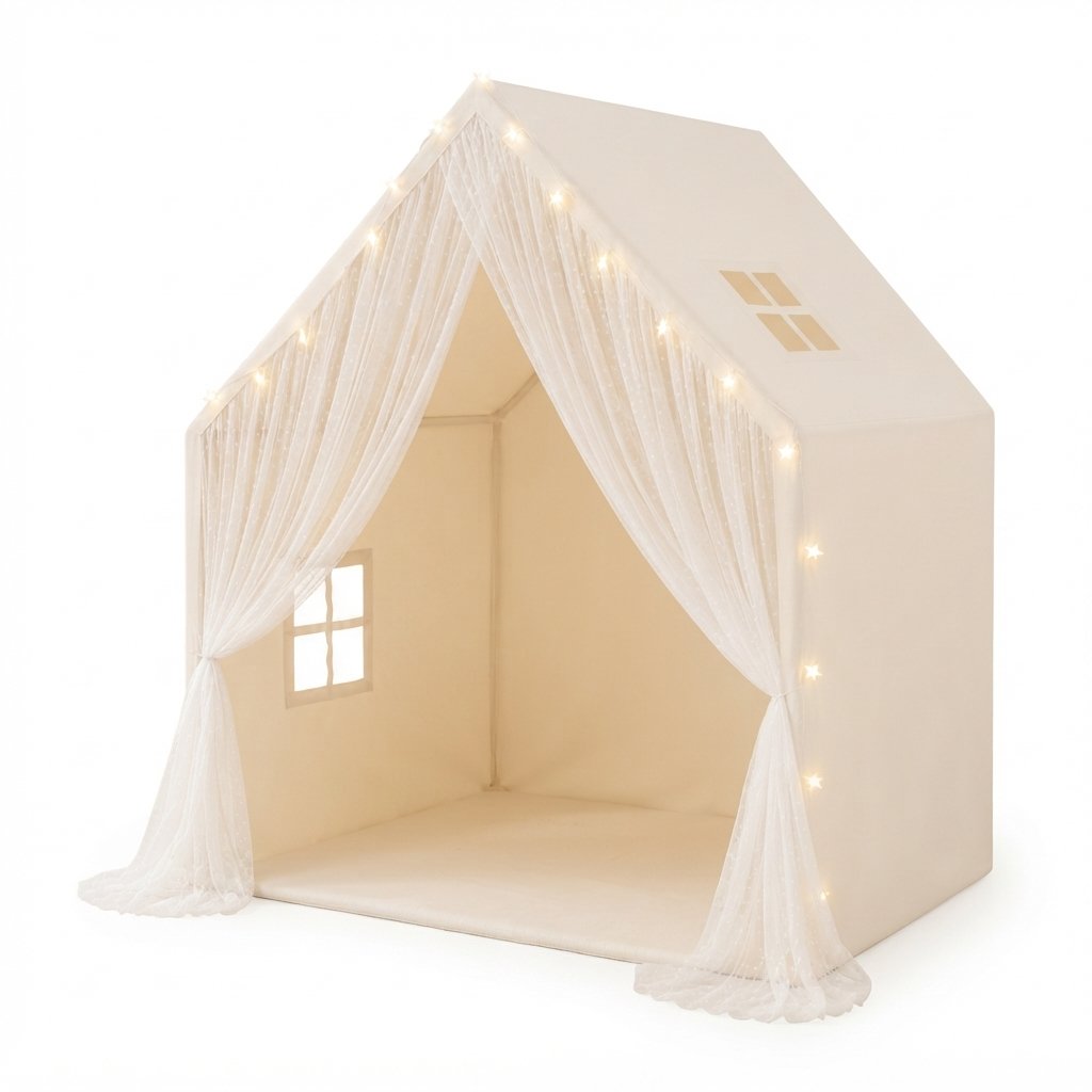 Kids Play Tent with Lace Curtains and String Lights