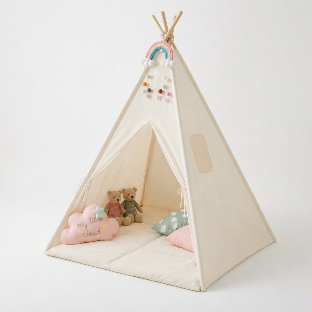 Kids Teepee Play Tent with Padded Mat, Cream