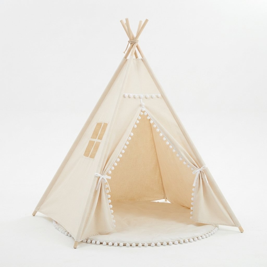 Kids Teepee Play Tent with Pom-Pom Trim, Cotton Canvas