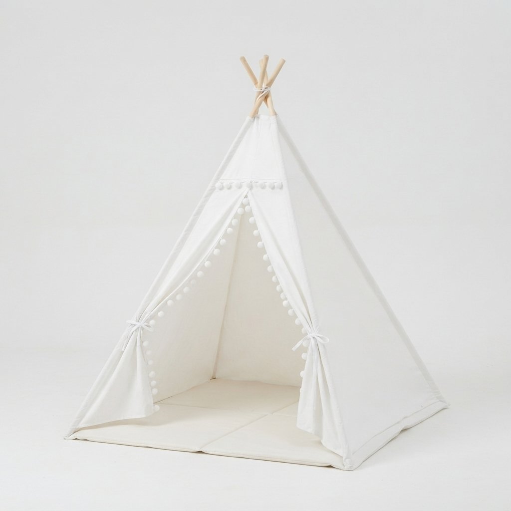 Kids Teepee Play Tent with Pom-Pom Trim, White Cotton
