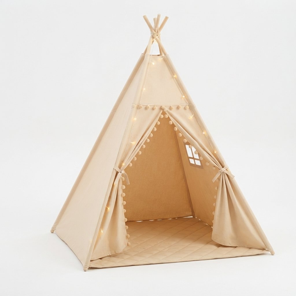 Kids Teepee Tent with Padded Mat and Pom Pom Lights
