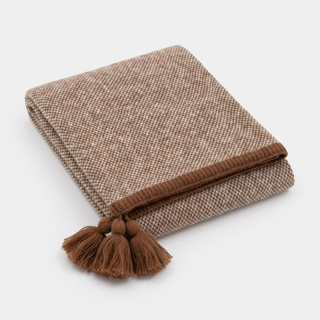 Knitted Tassel Throw with Border Detail in Rust