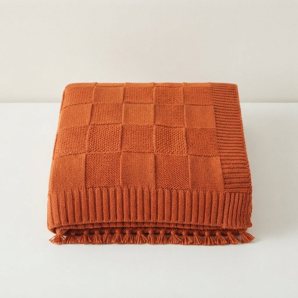 Knitted Throw Blanket with Block Texture & Tassel Trim