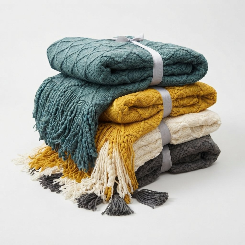 Knitted Throw Blanket with Tassels – Diamond Weave