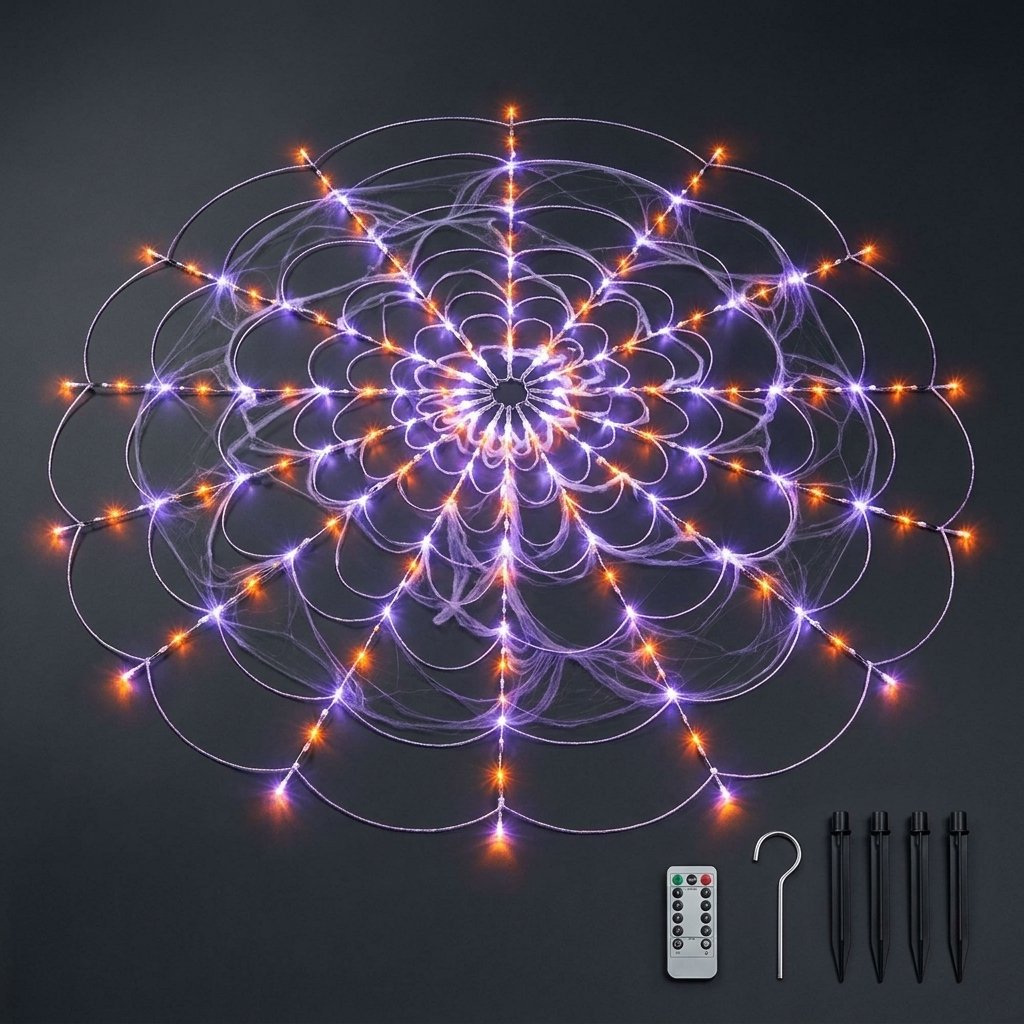 Large Outdoor Halloween Spider Web LED Light Set – 250 Orange and Purple LEDs, 5 x 5 m