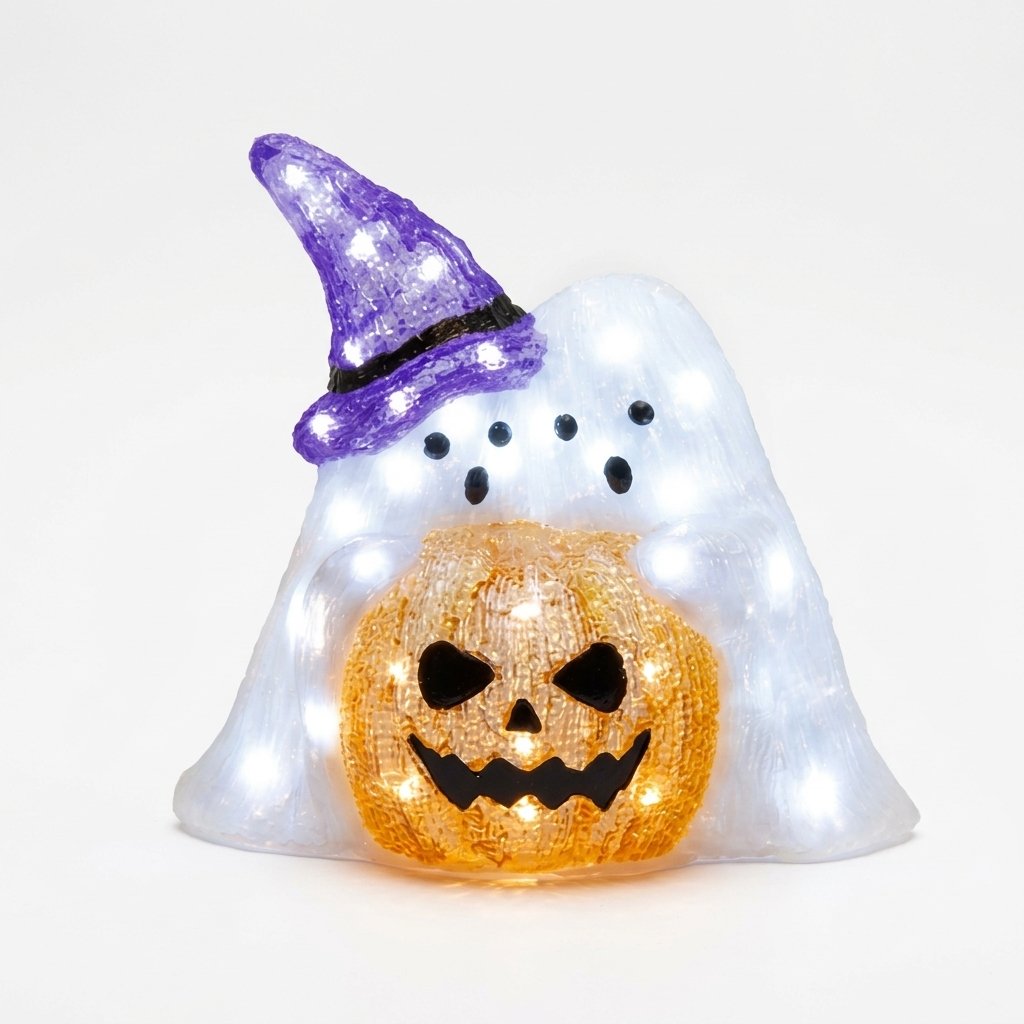 LED Ghost and Pumpkin Halloween Decoration with 50 White LEDs and Timer – Indoor and Outdoor