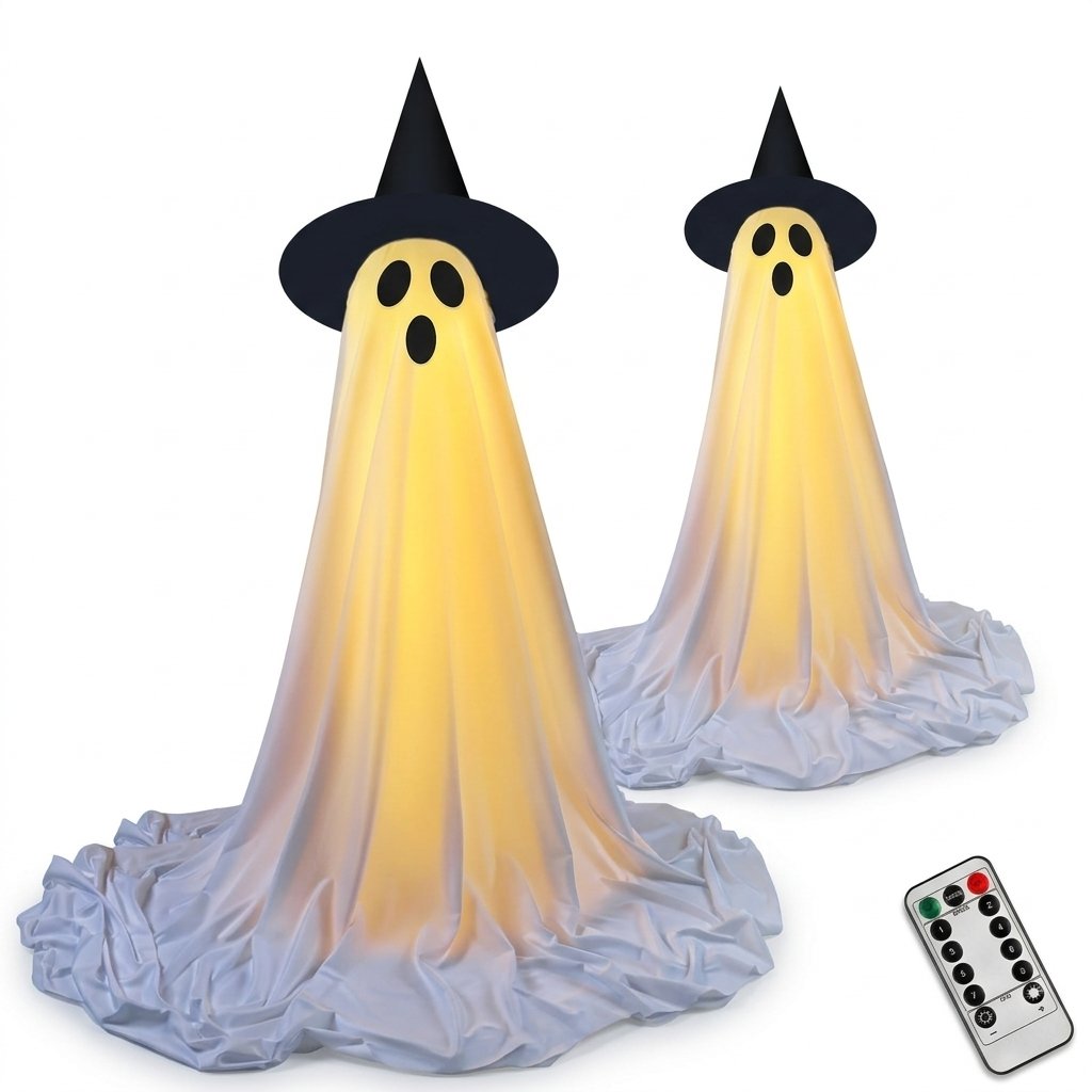 LED Ghost Halloween Decoration with Witch Hat and Wireless Remote Control, 50 in, Set of 1 or 2