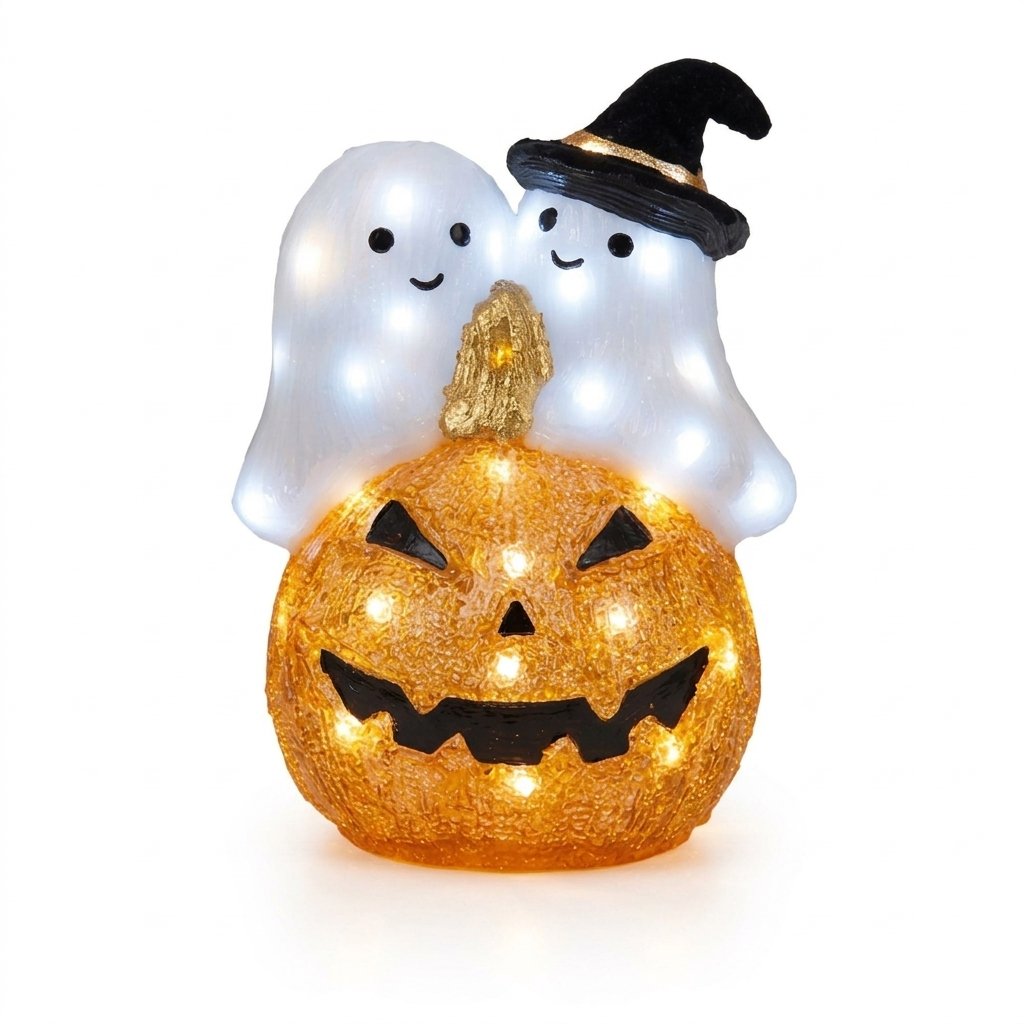 LED Illuminated Pumpkin and Ghost Halloween Decoration with Built-In Timer, 50 White LEDs