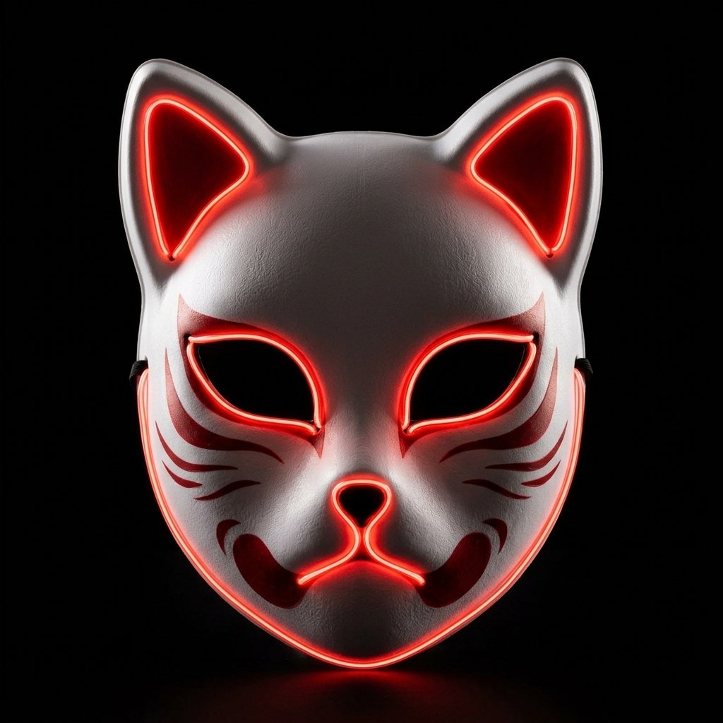LED Kitsune Fox Mask with EL Wire Glow and Anime-Inspired Design