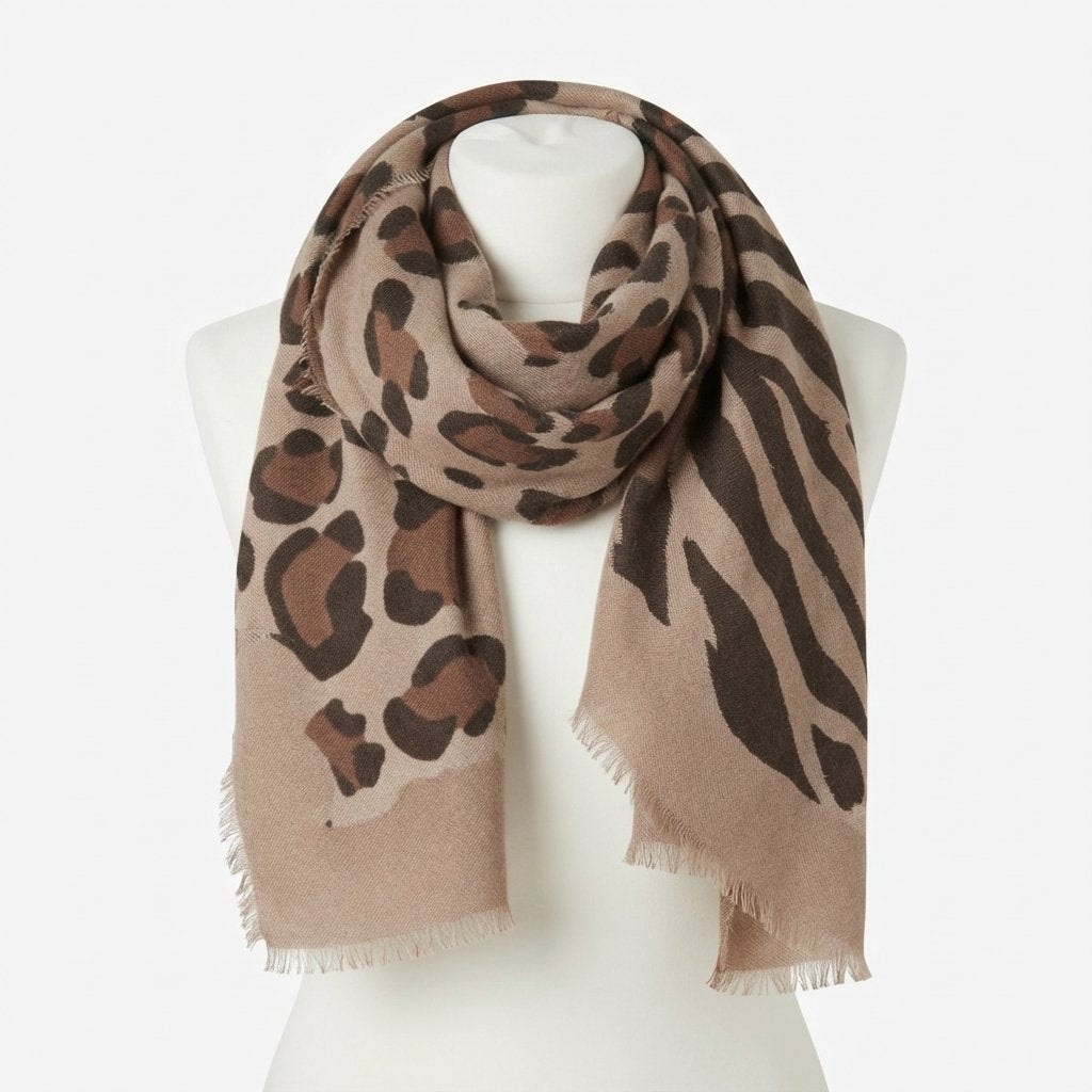 Leopard & Zebra Print Scarf in Beige – One Size