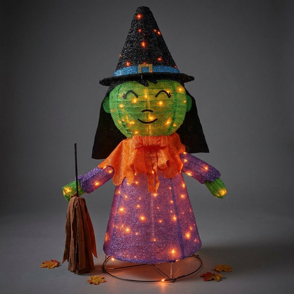 Light-Up Foldable Witch Halloween Garden Decoration with 100 Orange LEDs and Flashing Bulbs