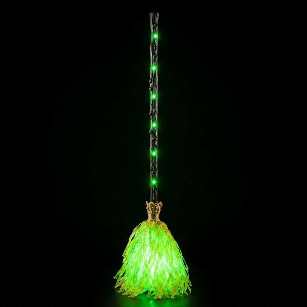 Light-up witch's broom decoration with green LED lights, vibration and sound effect